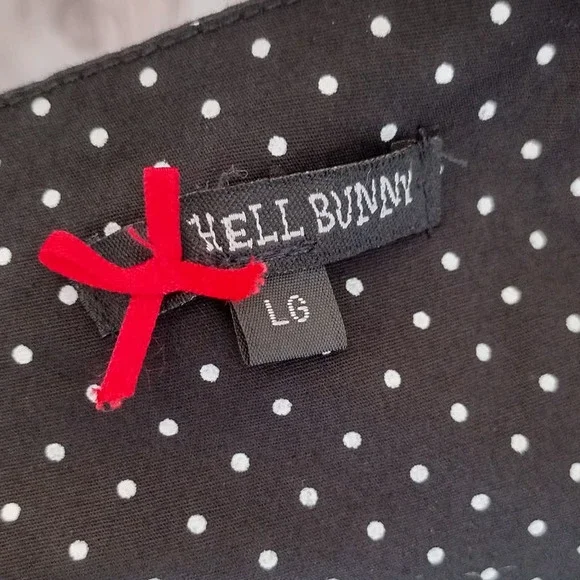 Hell Bunny | Black Polka Dot Red Trim Sweetheart Halter Fit & Flare Dress - Picture 10 of 14